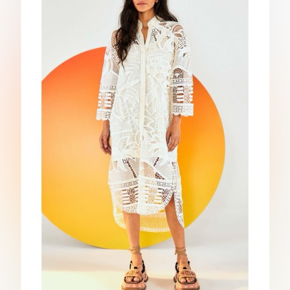 FARM RIO Off White Guipere Lace Midi Shirt Dress with detachable slip